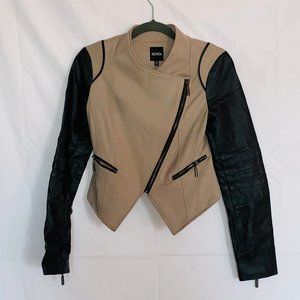 XOXO size small black leather sleeve tan jacket